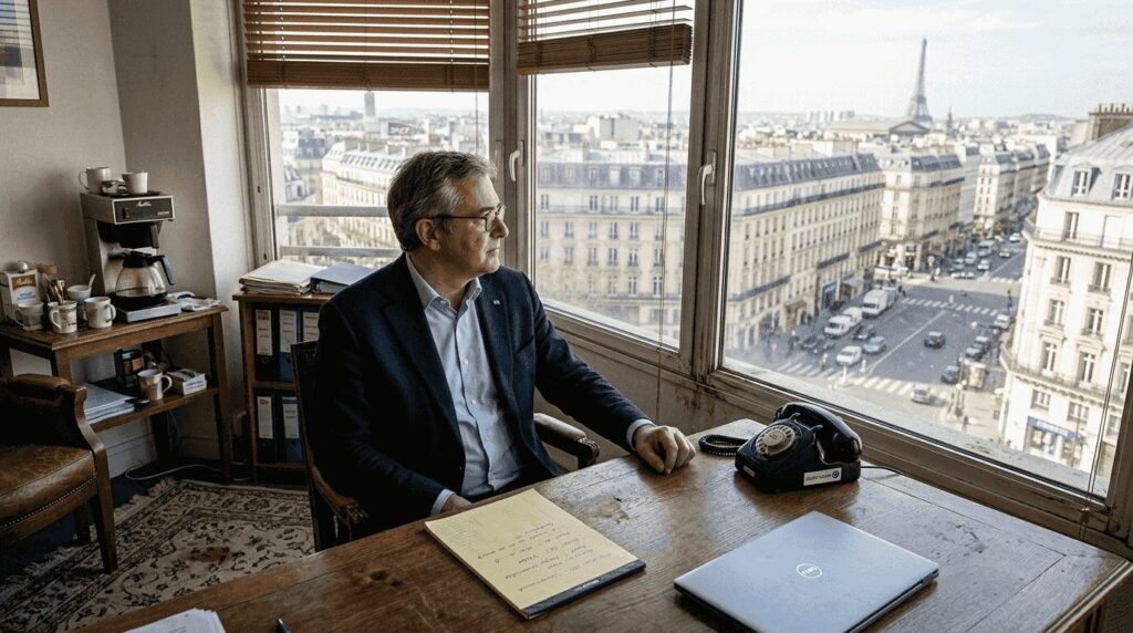 Un chef d’entreprise pensif, contemplant la ville depuis la fenêtre de son bureau.
