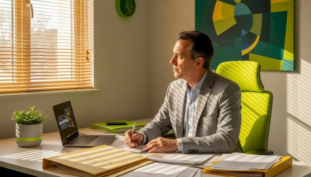 Dans son bureau lumineux, le dirigeant d’une PME réfléchit à de nouvelles idées pour faire évoluer son entreprise.