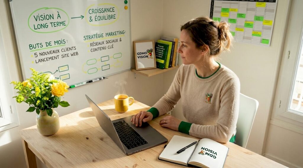 Auto-entrepreneur pilotant son équipe depuis la table de la cuisine