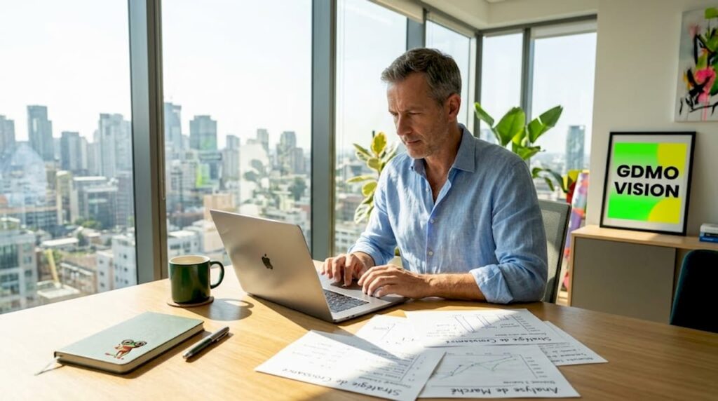 Un dirigeant d'entreprise en train d'analyser un tableau de suivi sur l'externalisation