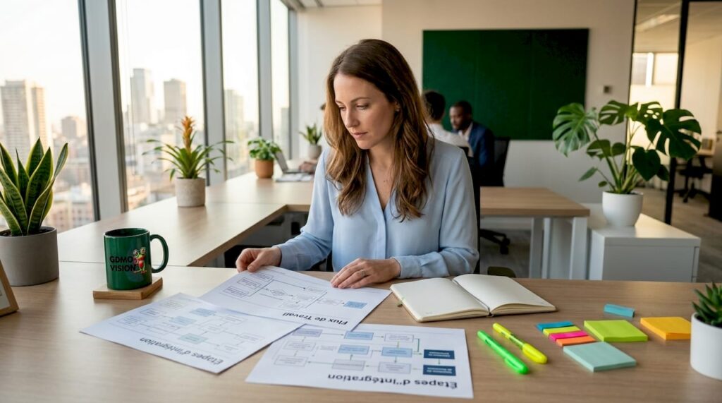 Un consultant analyse des schémas de processus dans un bureau isolé.