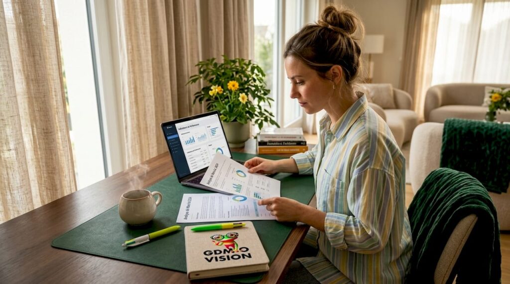 Une entrepreneure indépendante passe en revue des documents installée à son bureau à la maison.