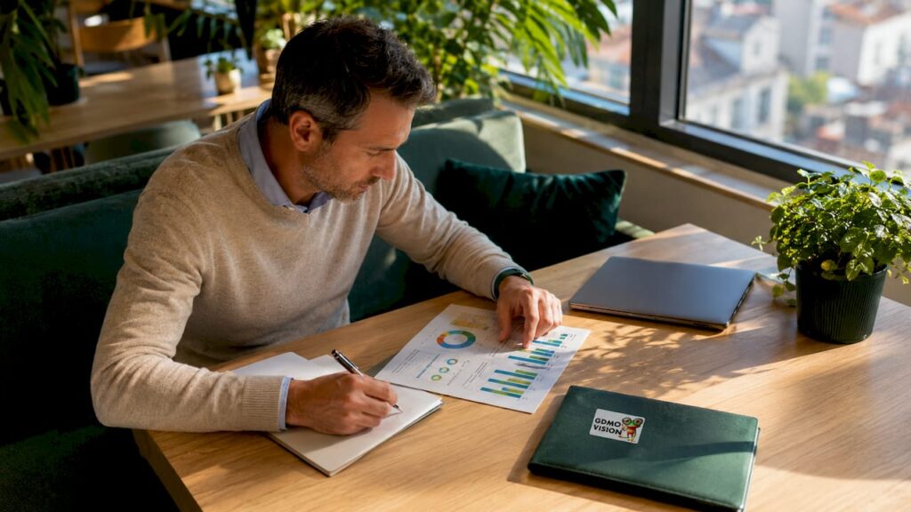 Un entrepreneur analyse ses indicateurs financiers depuis son bureau, cherchant à optimiser la gestion de son activité.