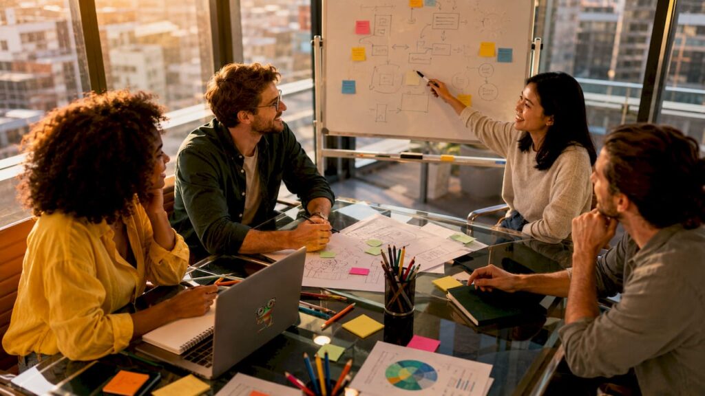 Une équipe de PME échange lors d'une réunion agile dans leurs locaux