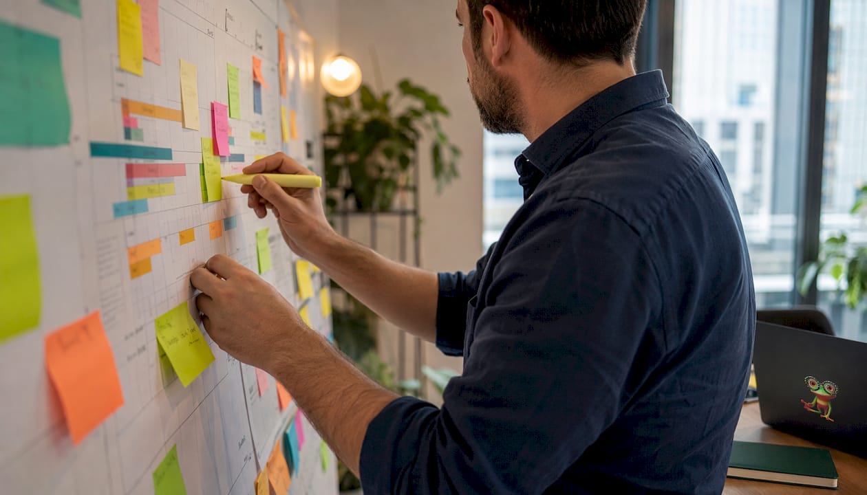 Des mains désignent un planning de projet sous forme de diagramme de Gantt imprimé.