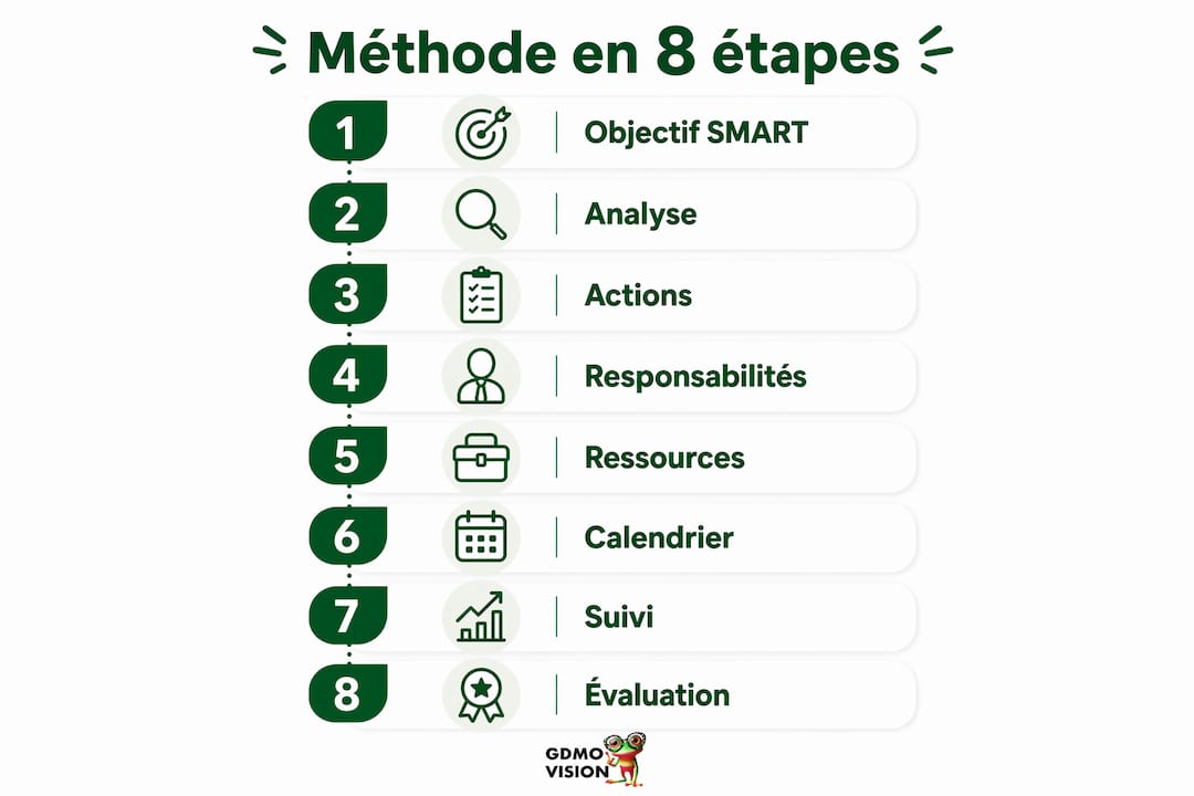 Visuel présentant les 8 grandes étapes pour mettre en place un plan d'action