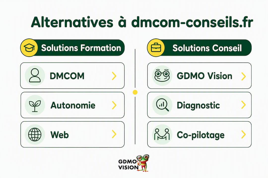 Découvrez une infographie qui met en lumière les différentes solutions alternatives à dmcom-conseils.fr, pour vous aider à choisir celle qui correspond le mieux à vos besoins.