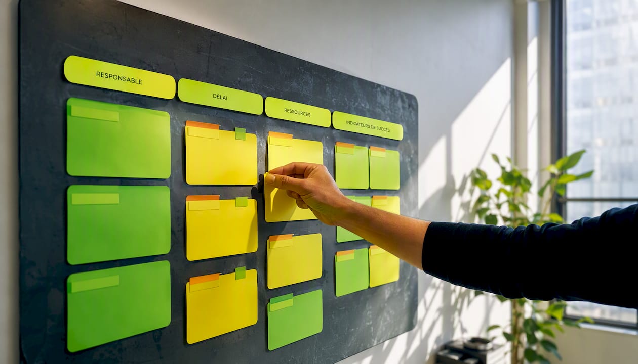 Des mains organisent des cartes de plan d’action agile sur un tableau.