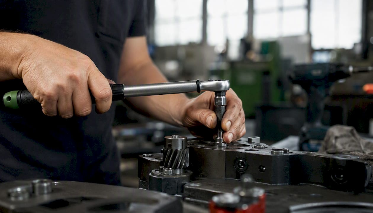 Des mains serrent une vis à l’aide d’une clé dynamométrique.