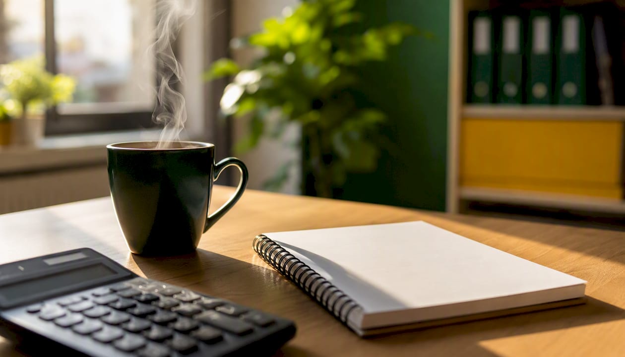 Bureau avec des objets professionnels illustrant les charges fixes
