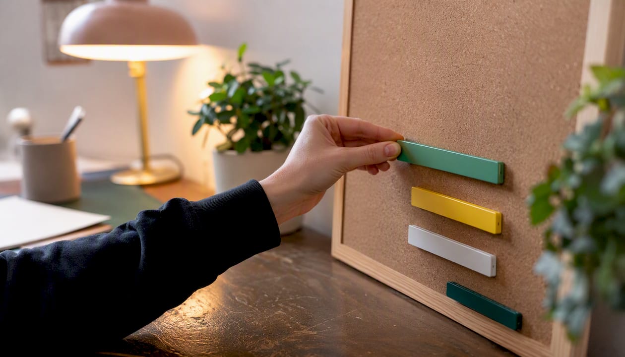 Des mains déposent une barre aimantée sur un organiseur de bureau.