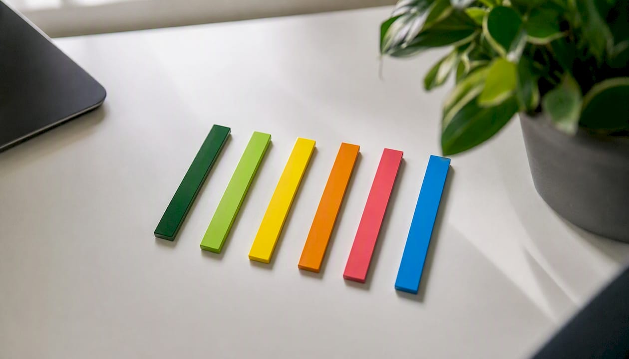 Six indicateurs de performance aux couleurs vives sont soigneusement alignés sur le bureau.