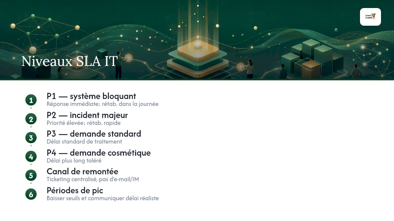 Schéma des niveaux de priorité et des délais de réponse dans un SLA informatique