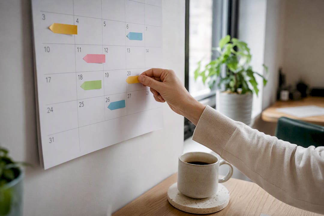 Mains ajustant les marqueurs sur un calendrier de bureau