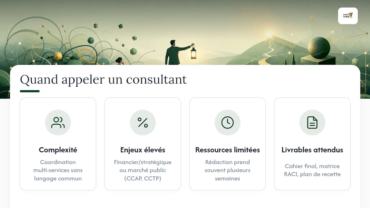 Quand faire appel à un consultant pour rédiger le cahier des charges ? — overview diagram