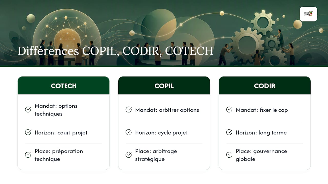 Comparaison des rôles du COTECH, du COPIL et du CODIR
